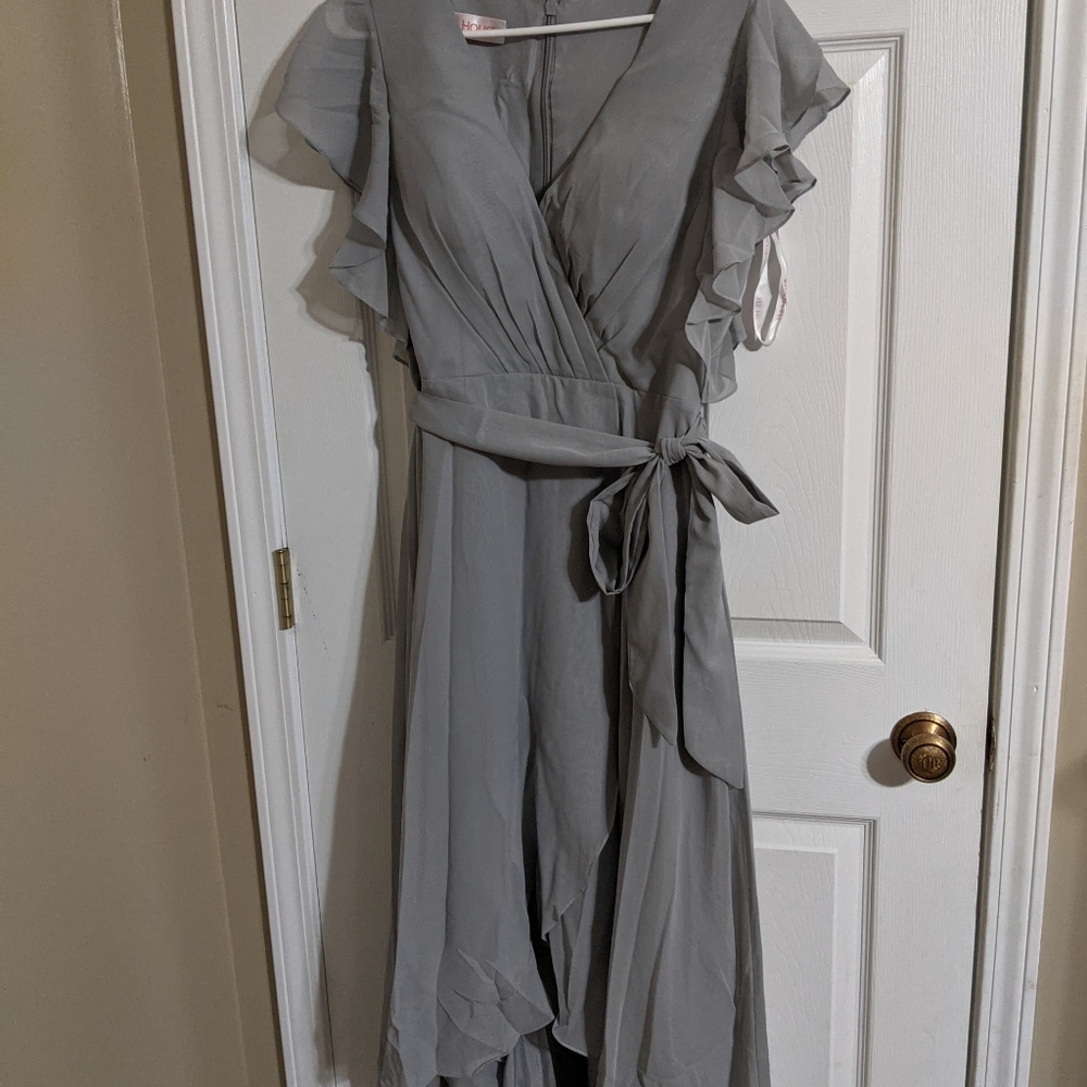 A-Line V-neck Asymmetrical Chiffon Cocktail Dress With Ruffle #237010 Light Gray
